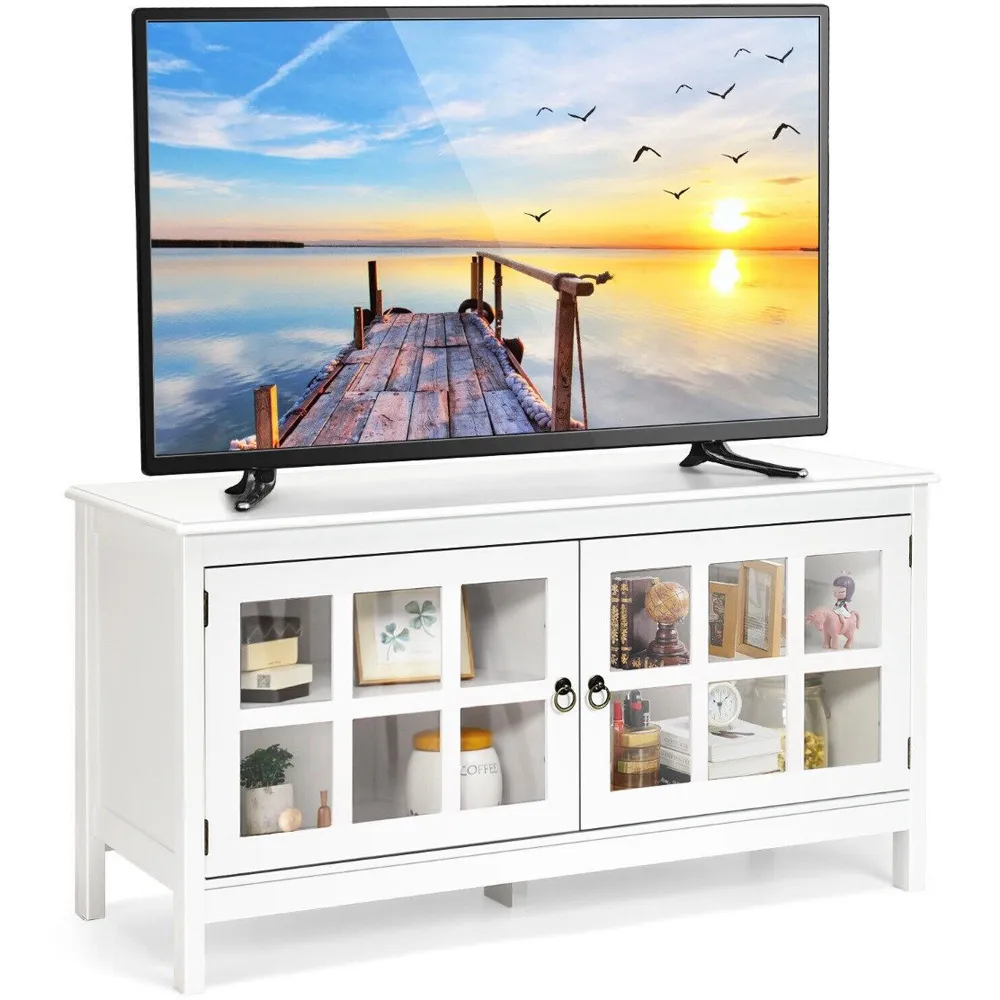 2 Glass Door TV Unit with Storage - White, Wood