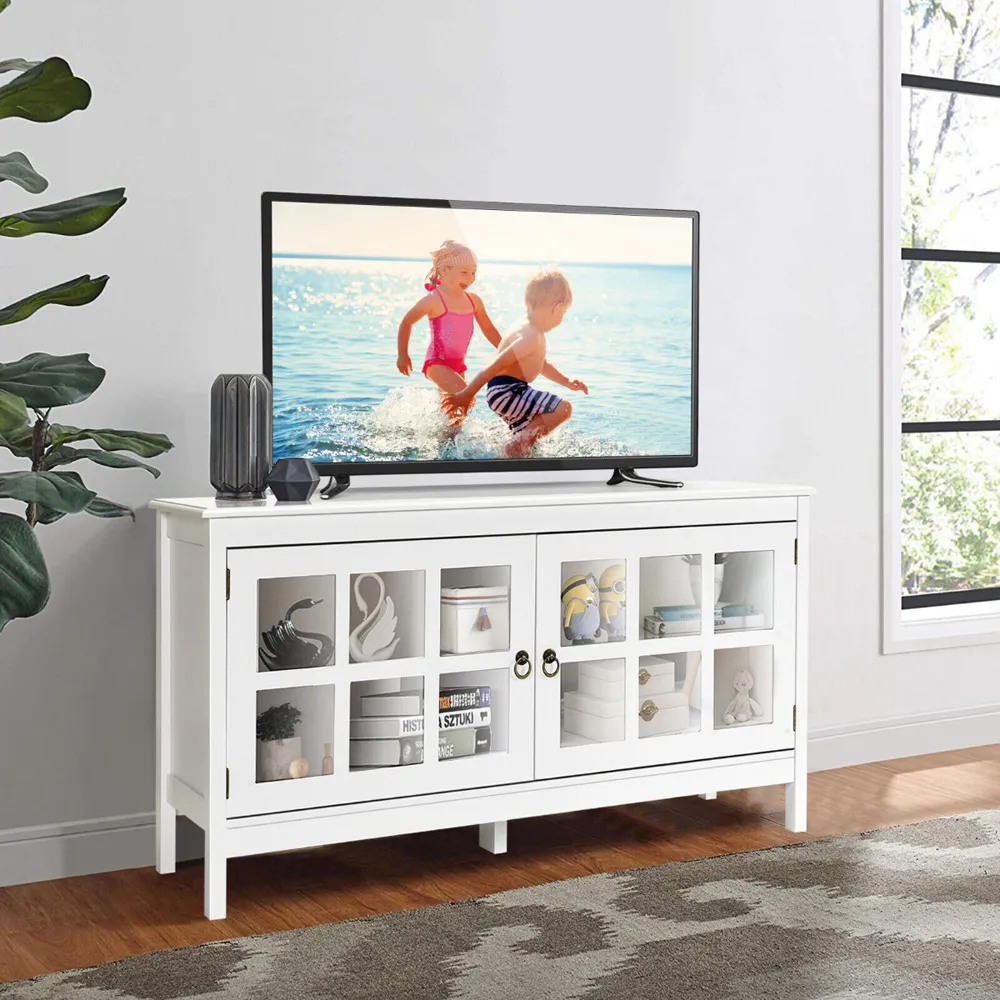 2 Glass Door TV Unit with Storage - White, Wood