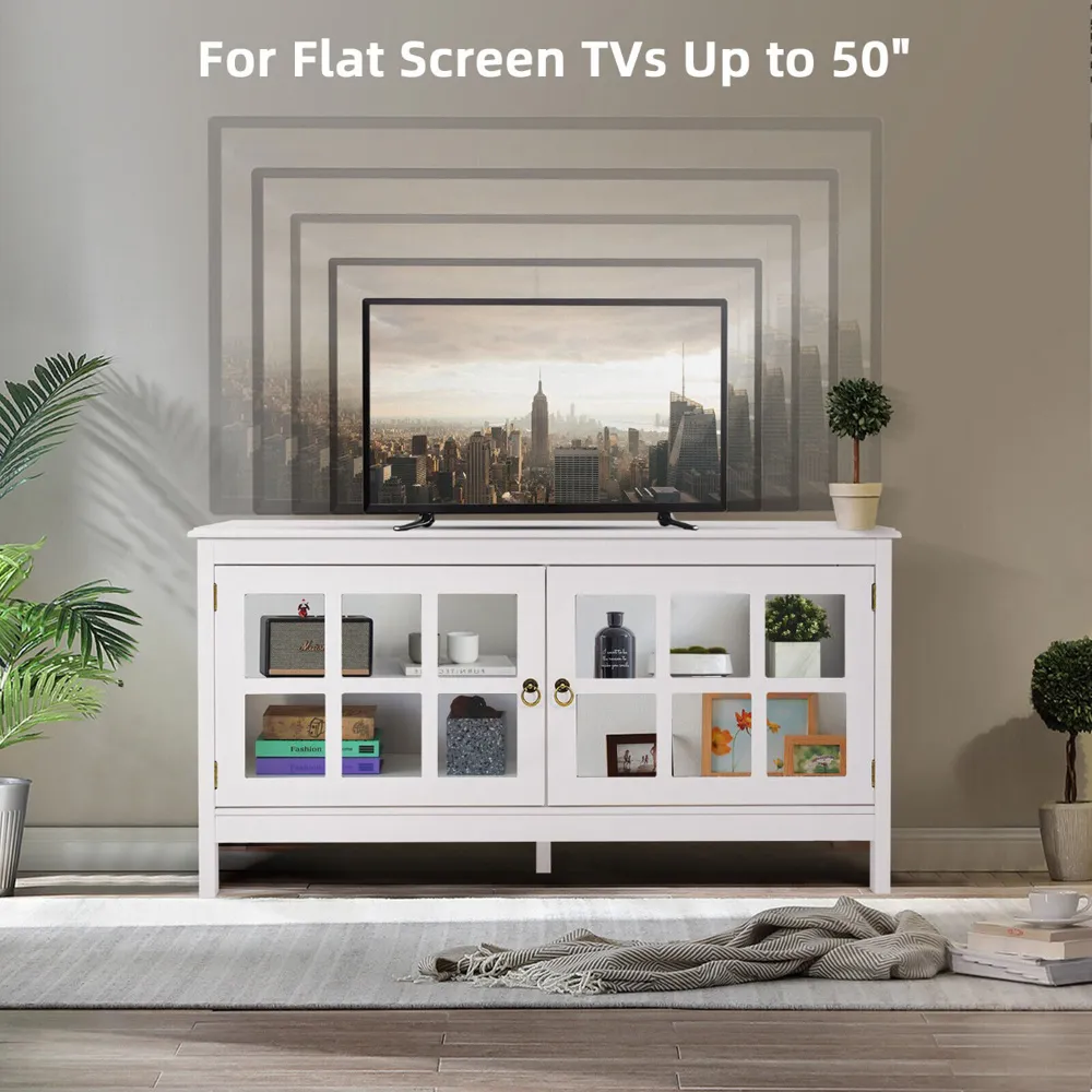 2 Glass Door TV Unit with Storage - White, Wood