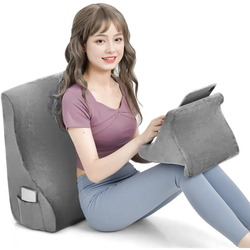 2 Piece Wedge Pillow Set with Storage - Grey, Velvet