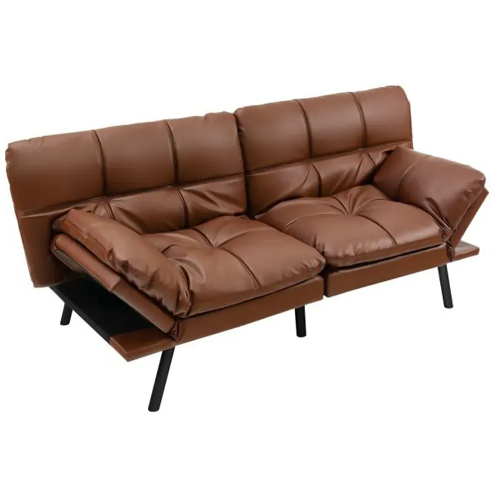 2-Seater Convertible Sofa Bed - Brown, PU Leather