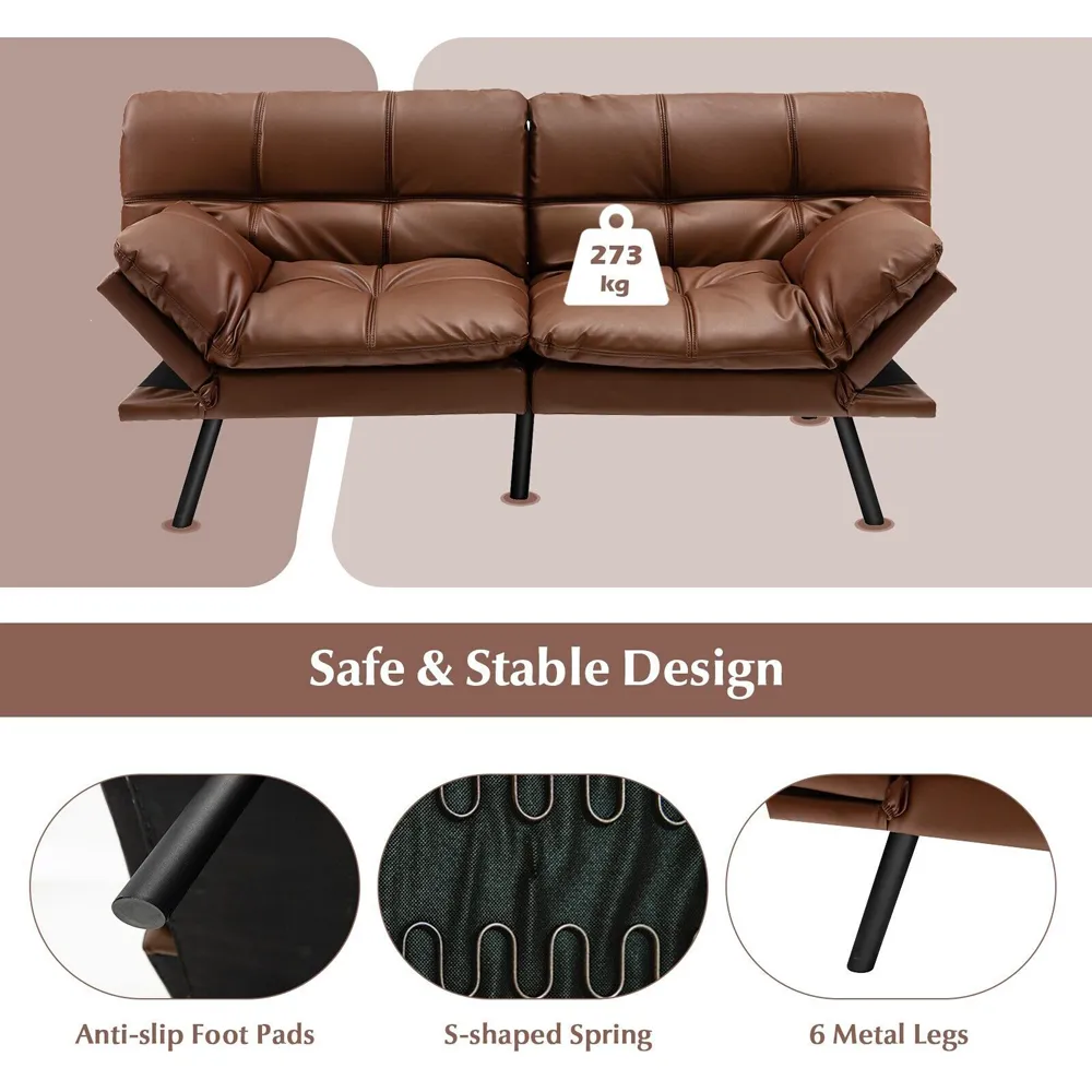 2-Seater Convertible Sofa Bed - Brown, PU Leather