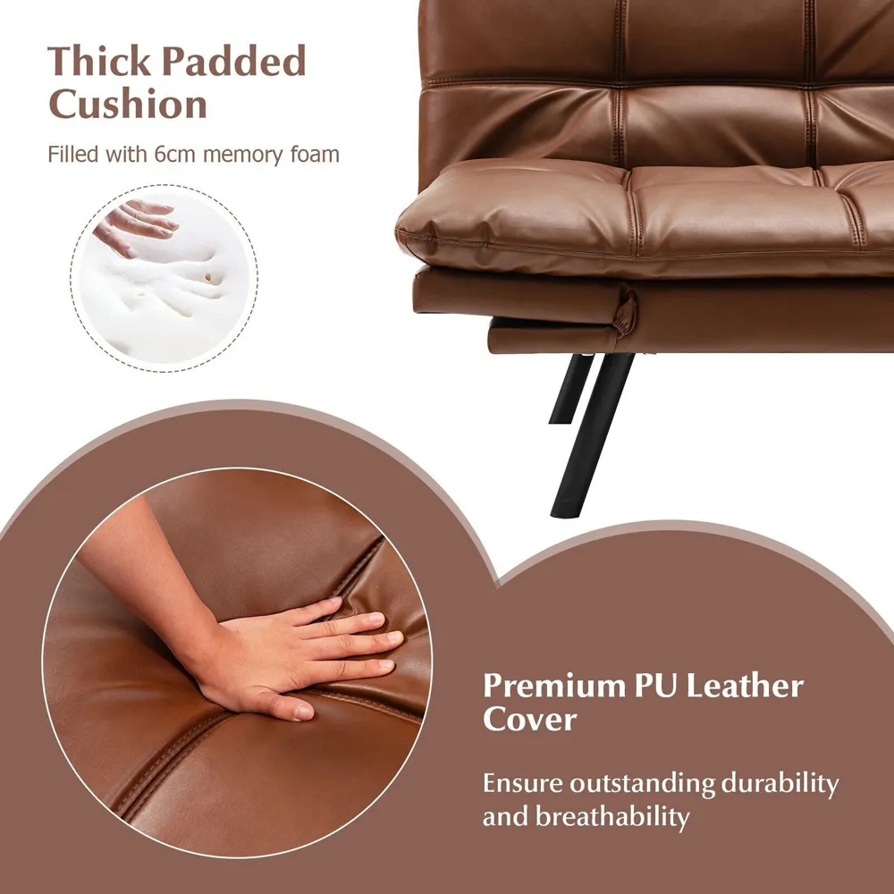 2-Seater Convertible Sofa Bed - Brown, PU Leather