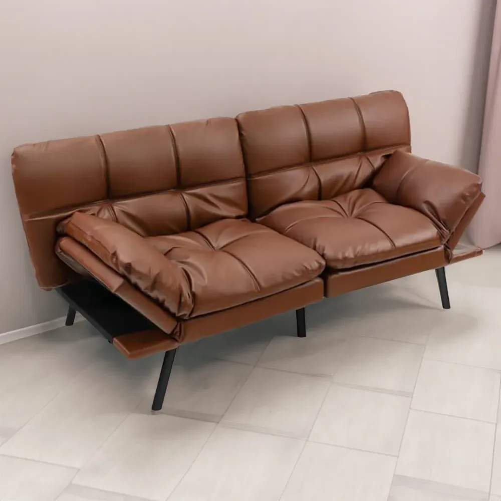 2-Seater Convertible Sofa Bed - Brown, PU Leather