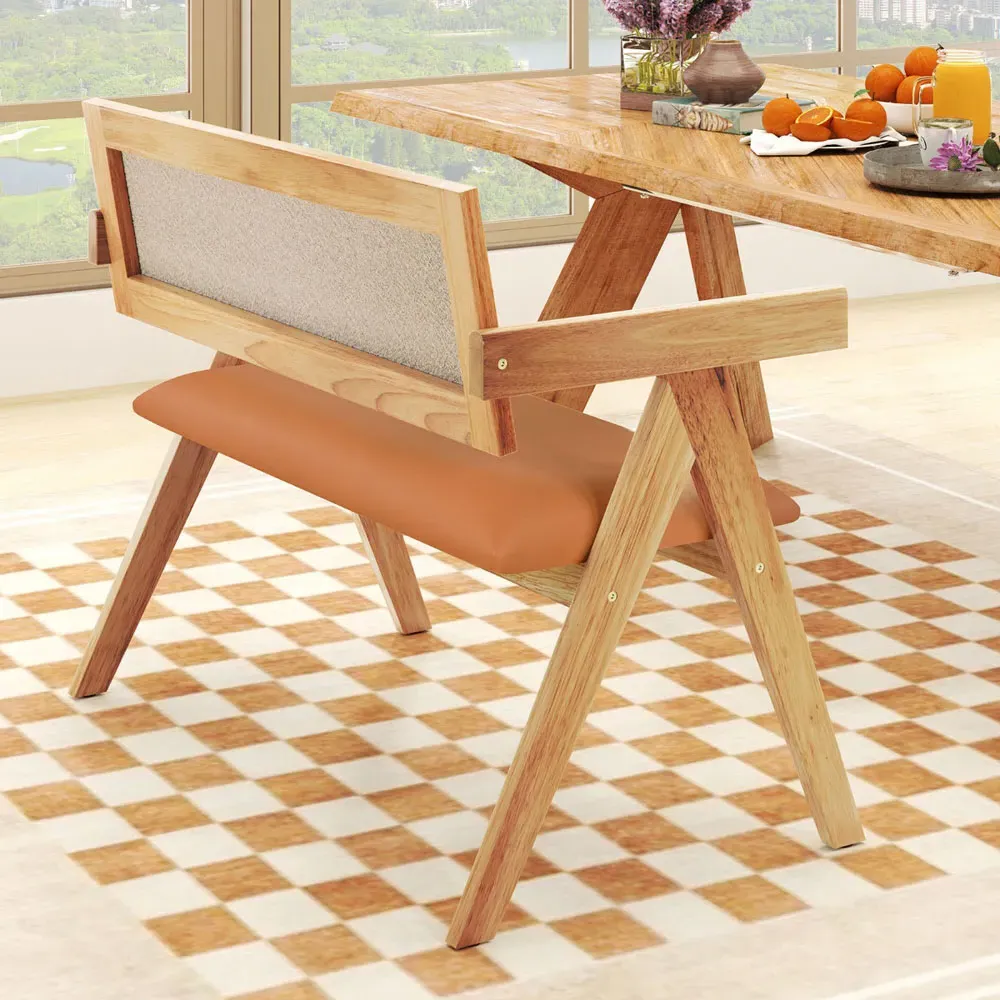 2-Seater Dining Bench with Armrests - Natural, Rubber Wood