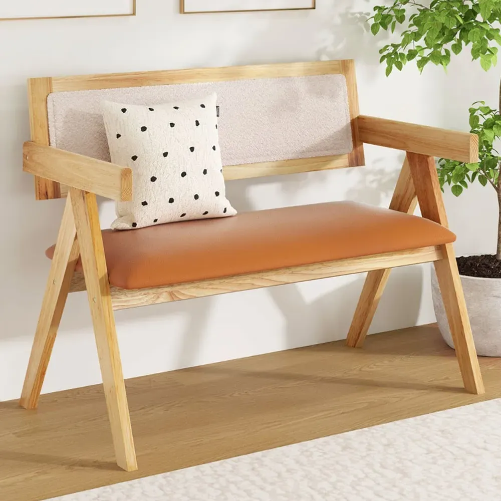 2-Seater Dining Bench with Armrests - Natural, Rubber Wood image