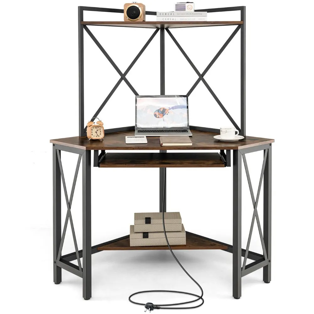 2 Shelf Corner Computer Desk with Keyboard Tray - Brown