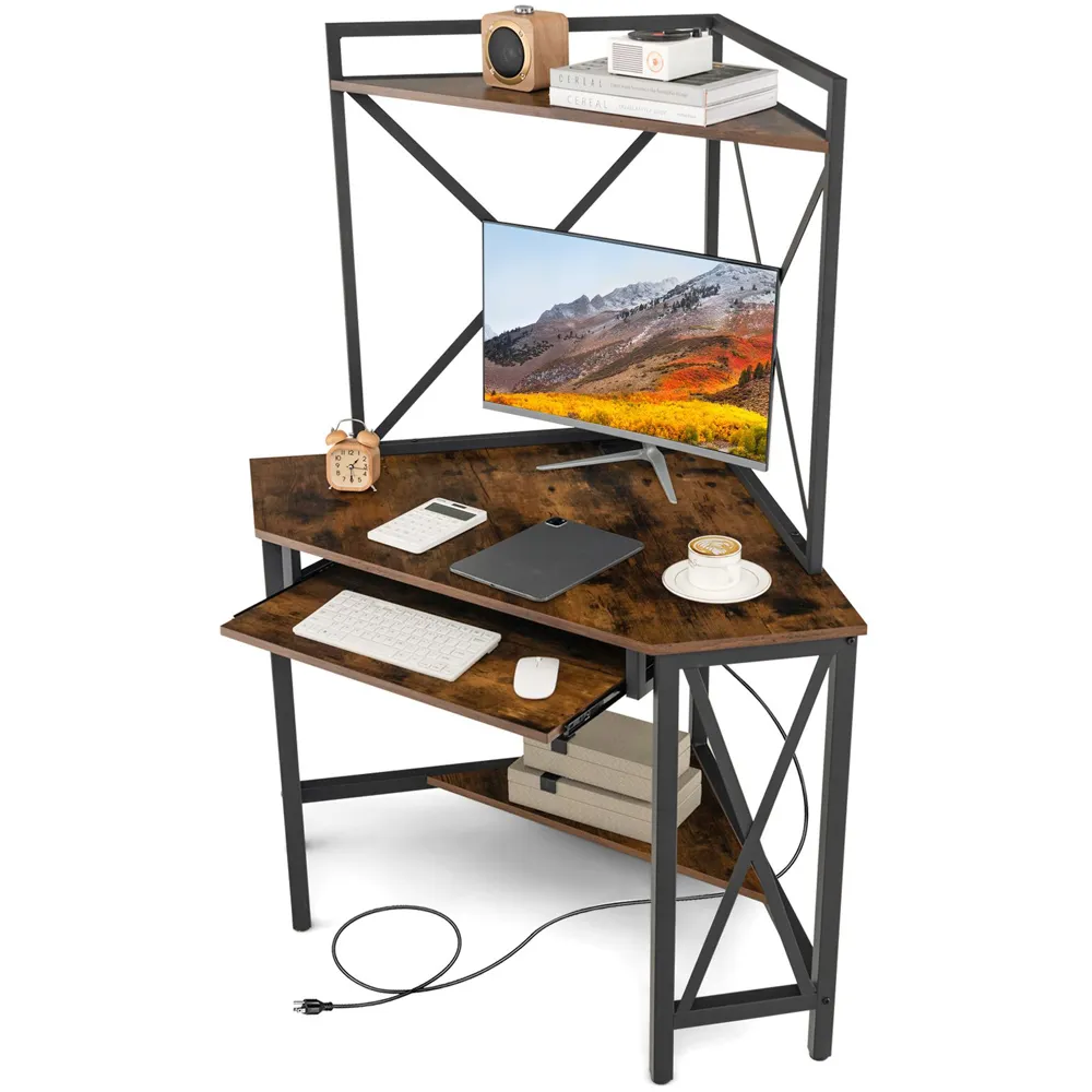 2 Shelf Corner Computer Desk with Keyboard Tray - Brown