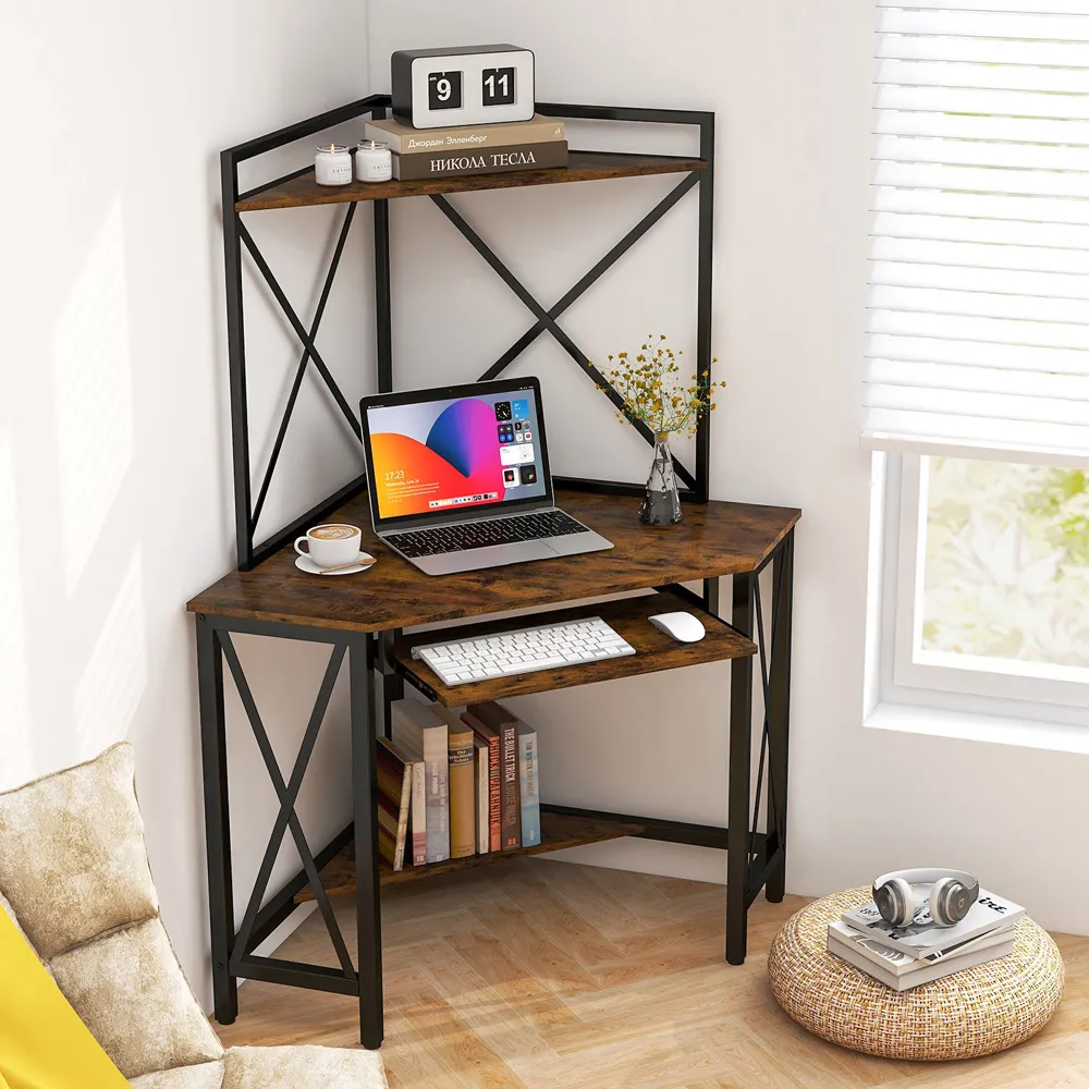 2 Shelf Corner Computer Desk with Keyboard Tray - Brown