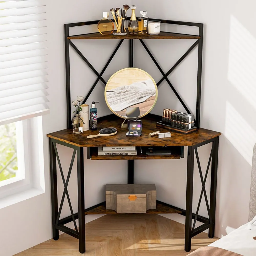 2 Shelf Corner Computer Desk with Keyboard Tray - Brown