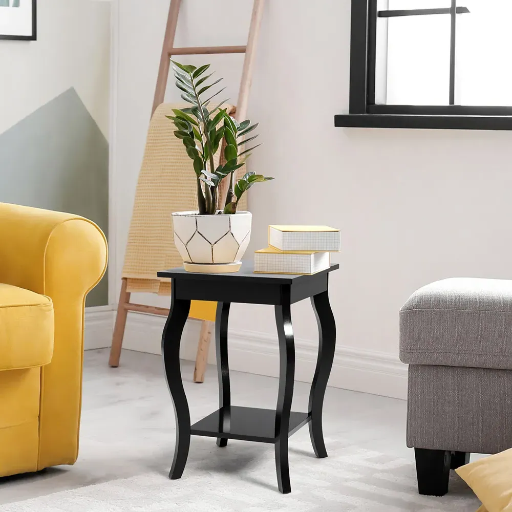 2 Shelf Curved Legs Accent End Table - Black