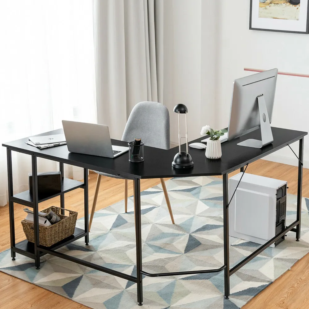 2 Shelf L-Shaped Corner Computer Desk - Black