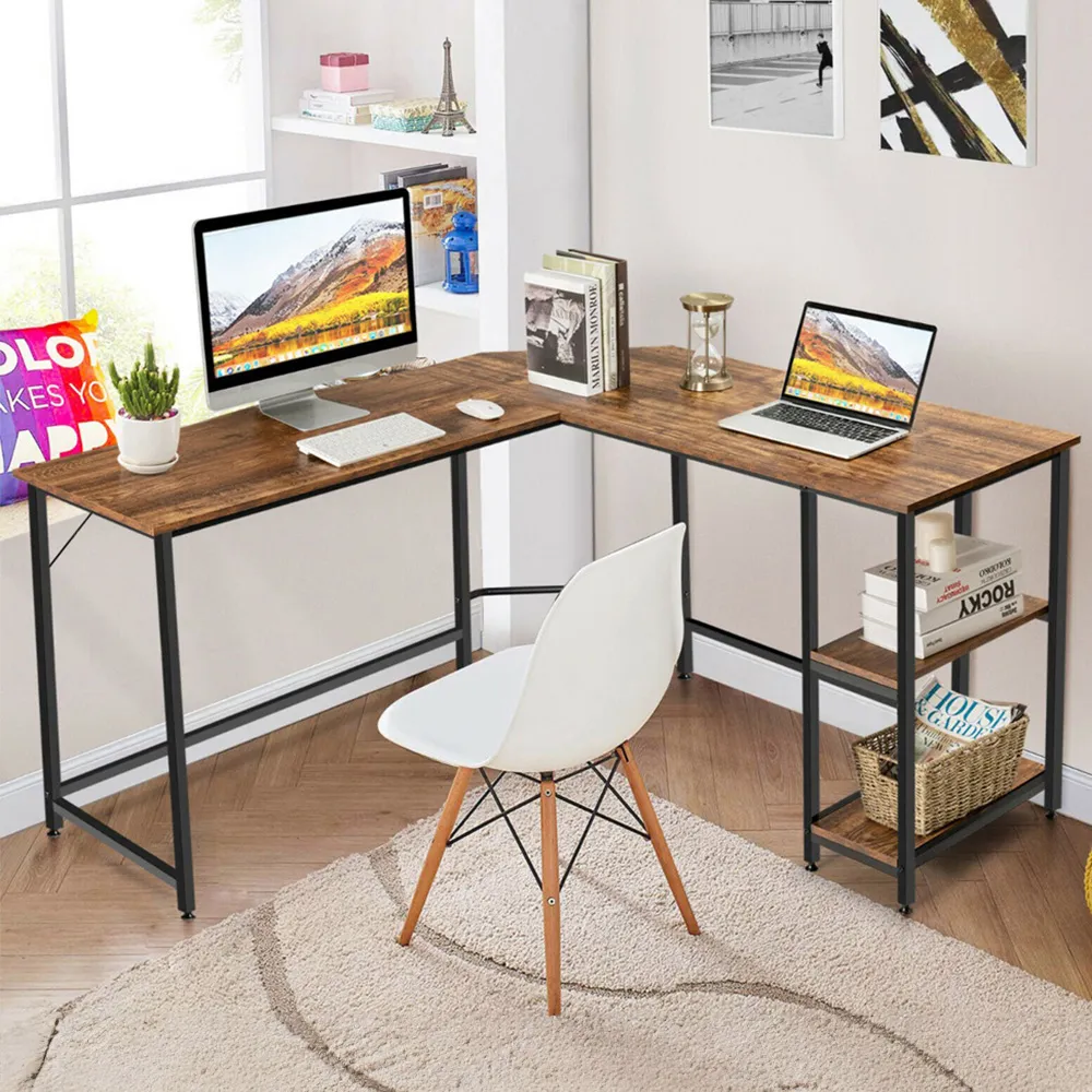 2 Shelf L-Shaped Corner Computer Desk - Brown