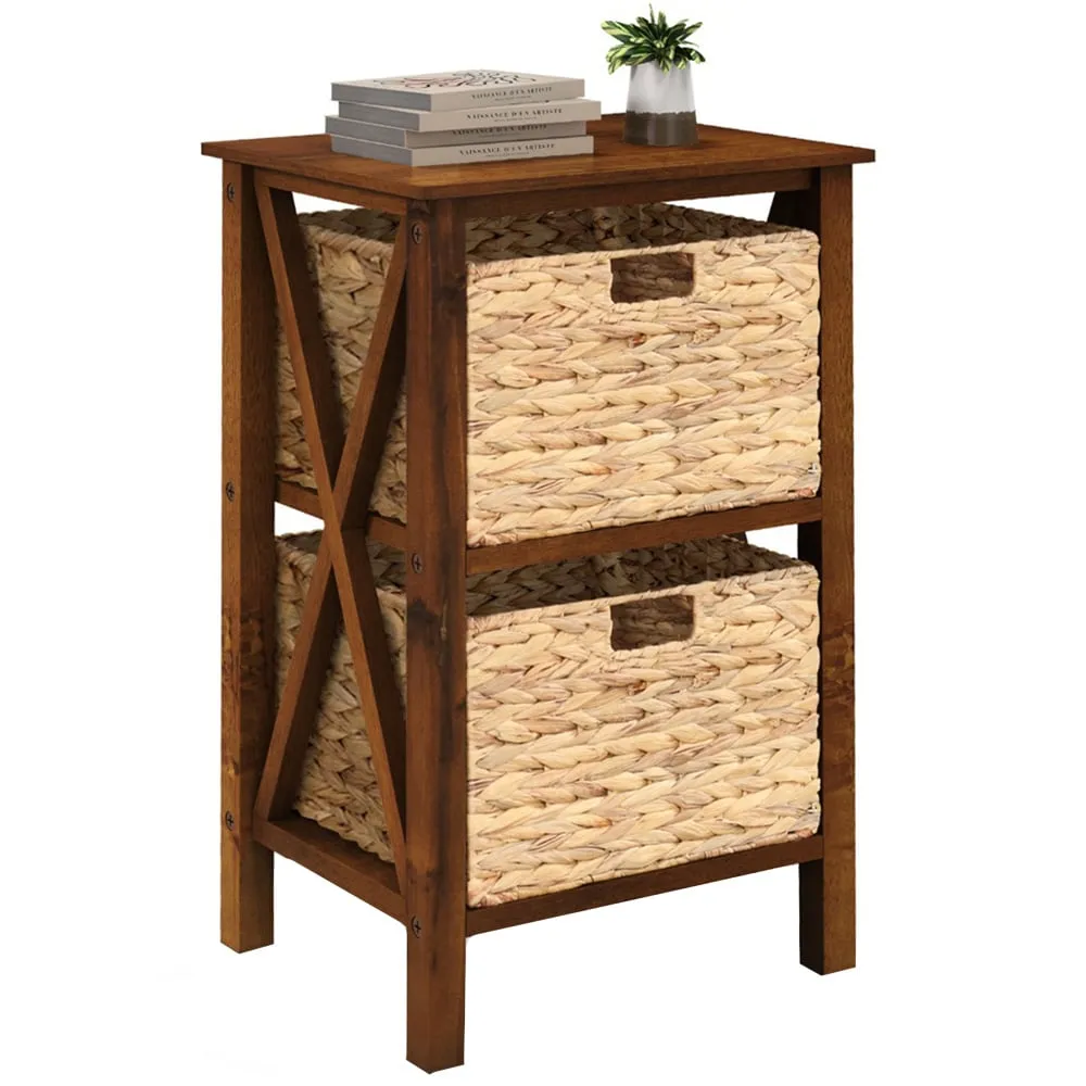 2 Shelf Side Table with Seagrass Baskets - Brown, Acacia Wood