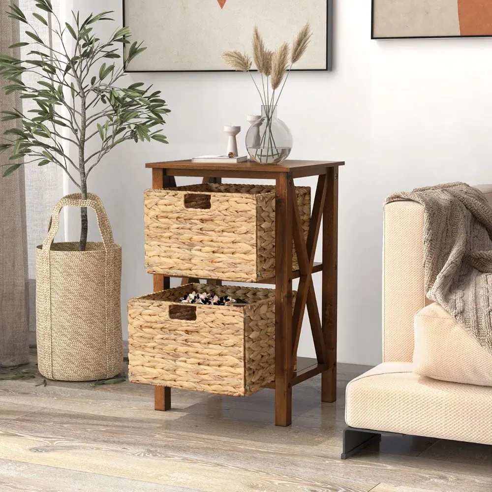 2 Shelf Side Table with Seagrass Baskets - Brown, Acacia Wood