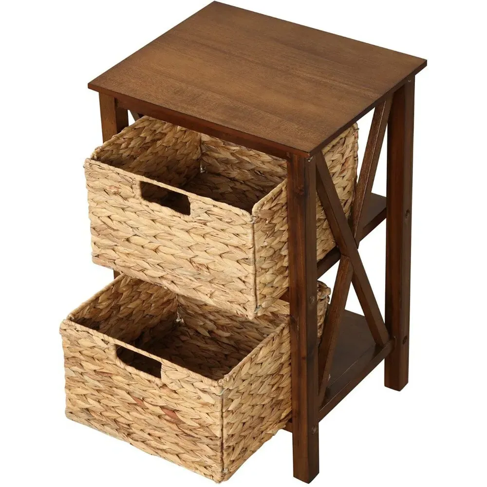 2 Shelf Side Table with Seagrass Baskets - Brown, Acacia Wood
