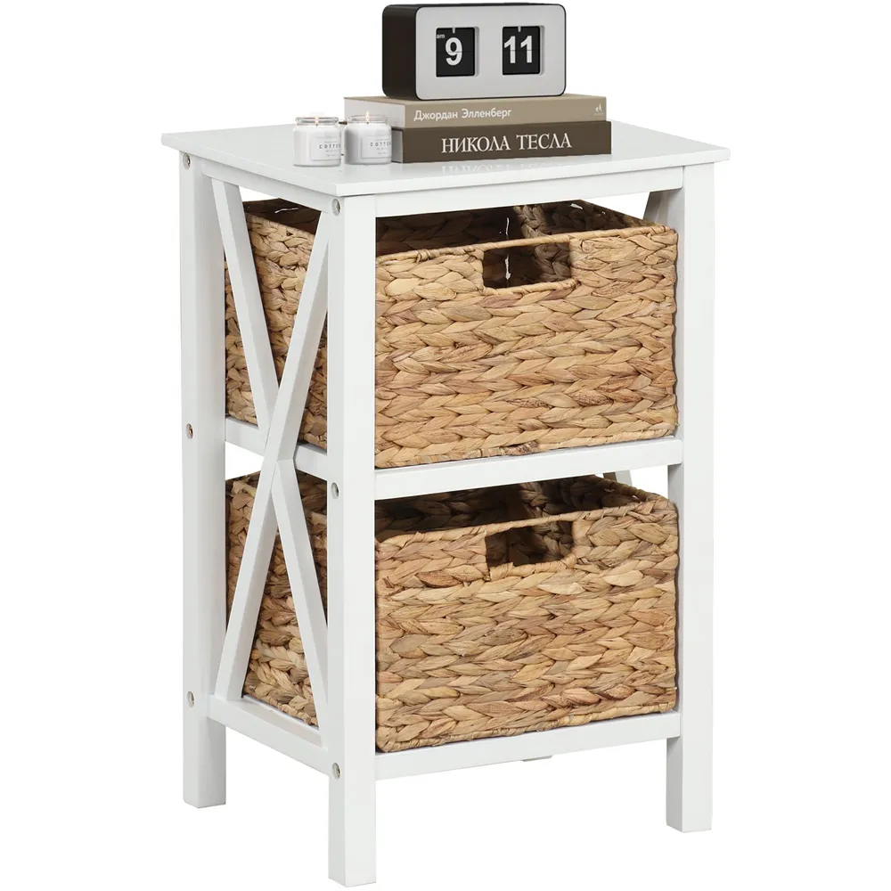 2 Shelf Side Table with Seagrass Baskets - White, Acacia Wood
