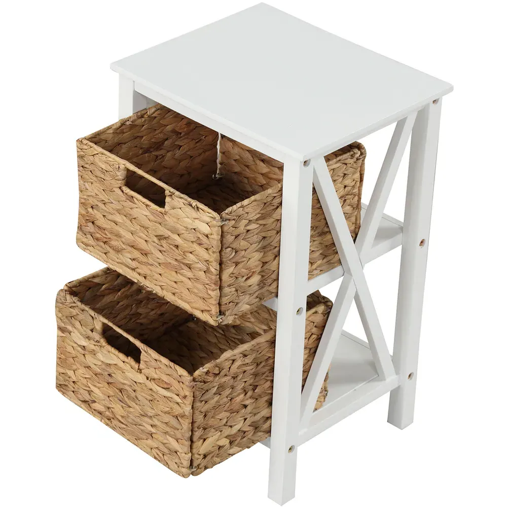 2 Shelf Side Table with Seagrass Baskets - White, Acacia Wood