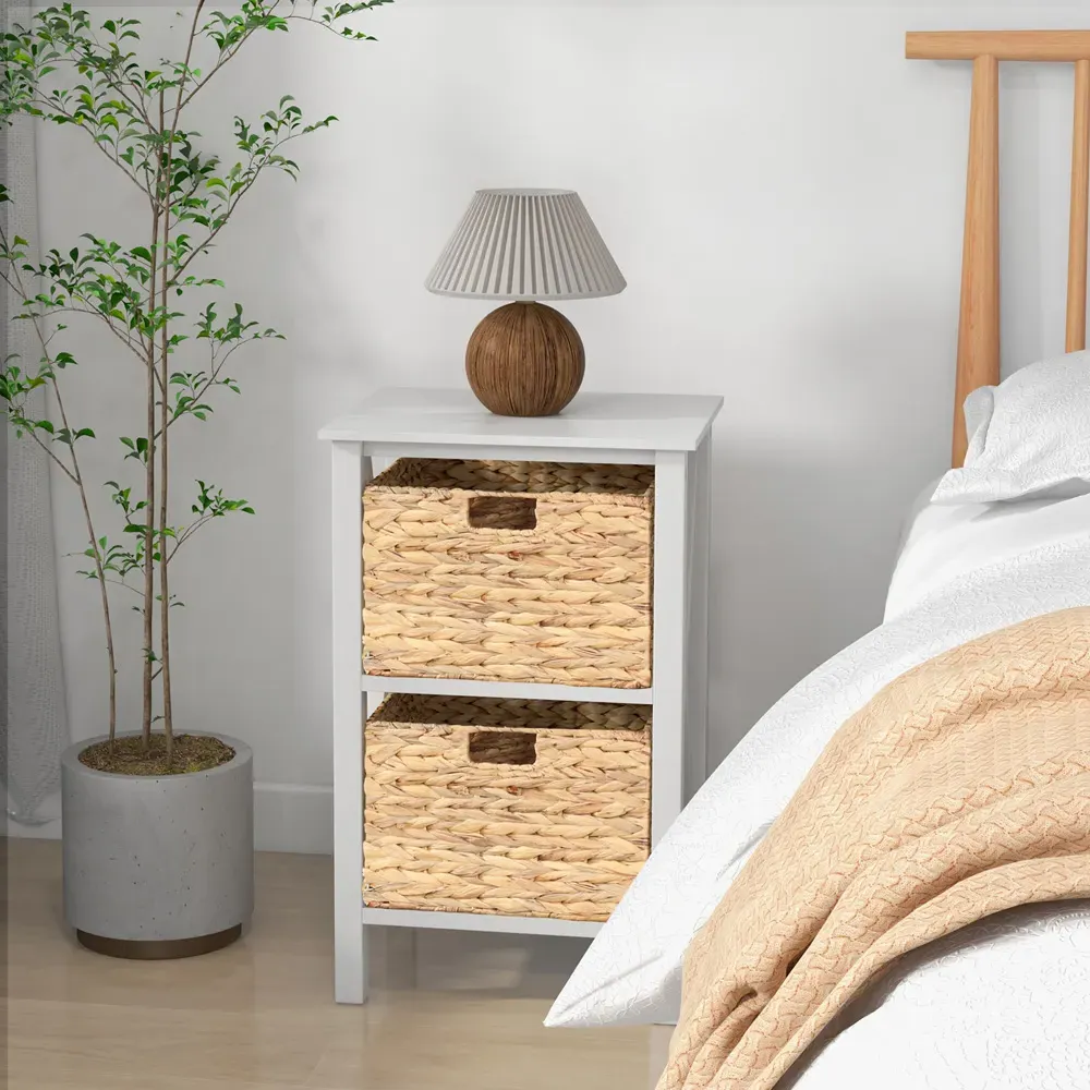 2 Shelf Side Table with Seagrass Baskets - White, Acacia Wood