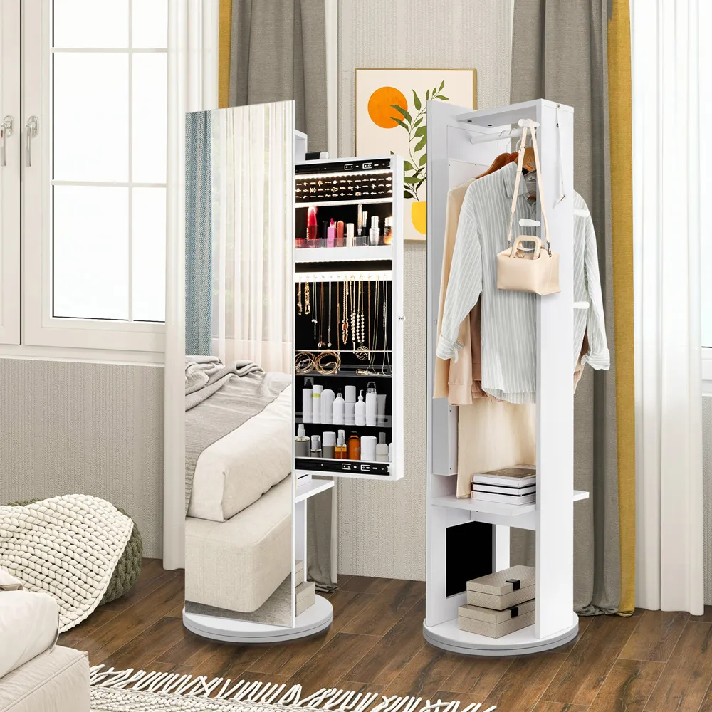 2 Shelf Swivel Mirrored Jewellery Storage Cabinet - White