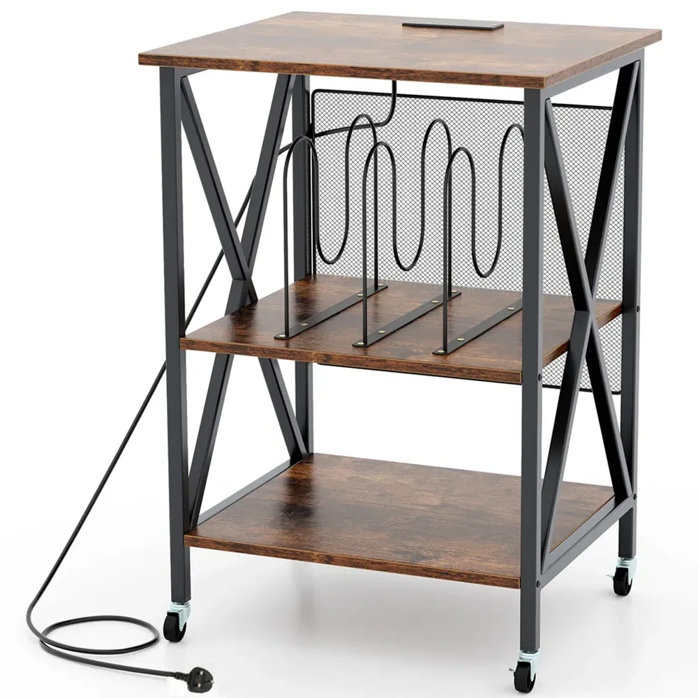 2 Shelf Turntable Record Player Stand with Charging Station - Brown