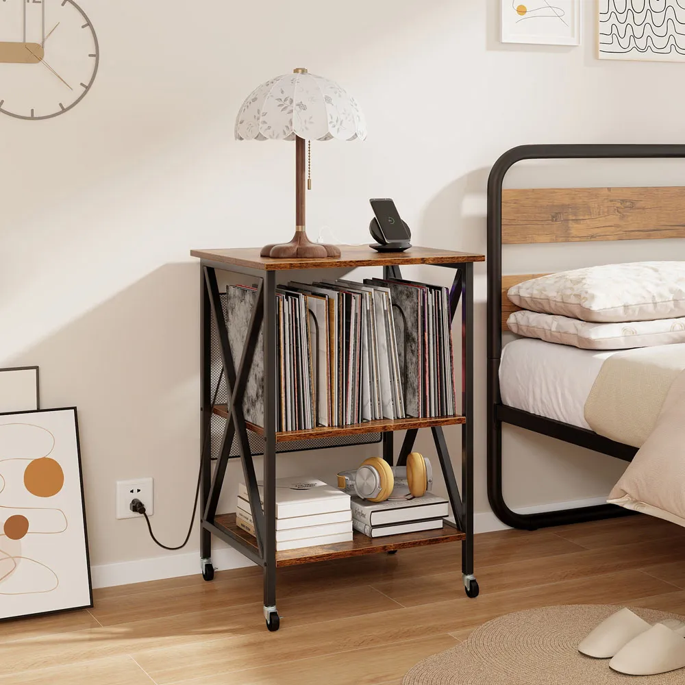 2 Shelf Turntable Record Player Stand with Charging Station - Brown