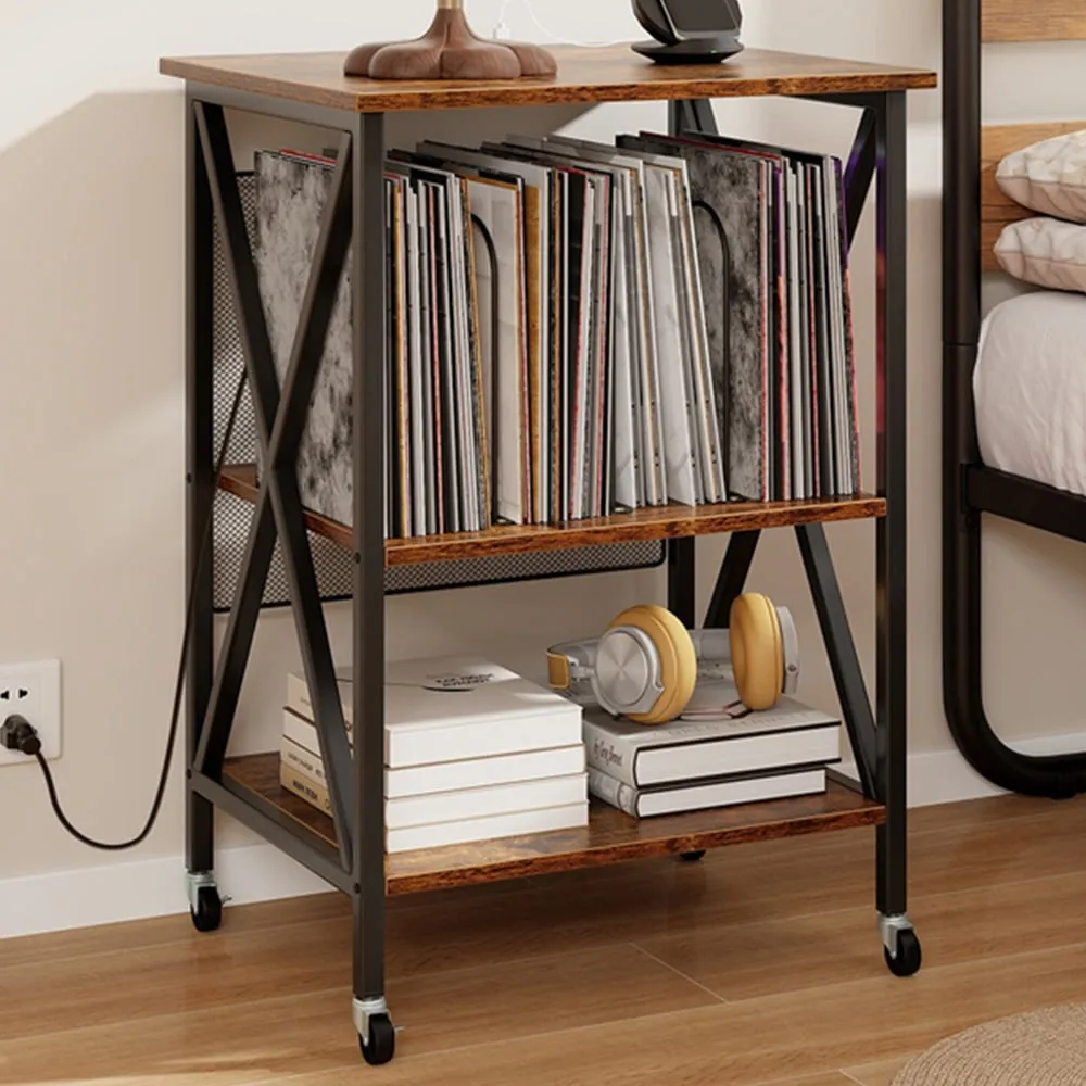 2 Shelf Turntable Record Player Stand with Charging Station - Brown image