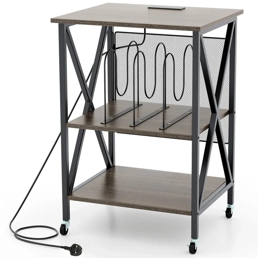 2 Shelf Turntable Record Player Stand with Charging Station - Grey