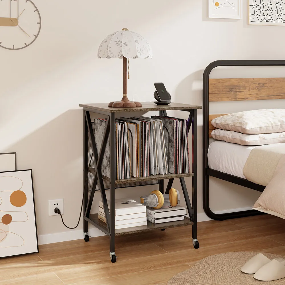 2 Shelf Turntable Record Player Stand with Charging Station - Grey