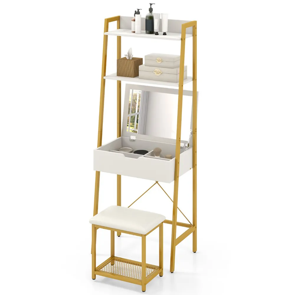 2 Shelf Vanity Dressing Table Set with Flip Top Mirror - Gold