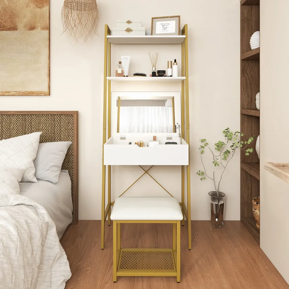 2 Shelf Vanity Dressing Table Set with Flip Top Mirror - Gold