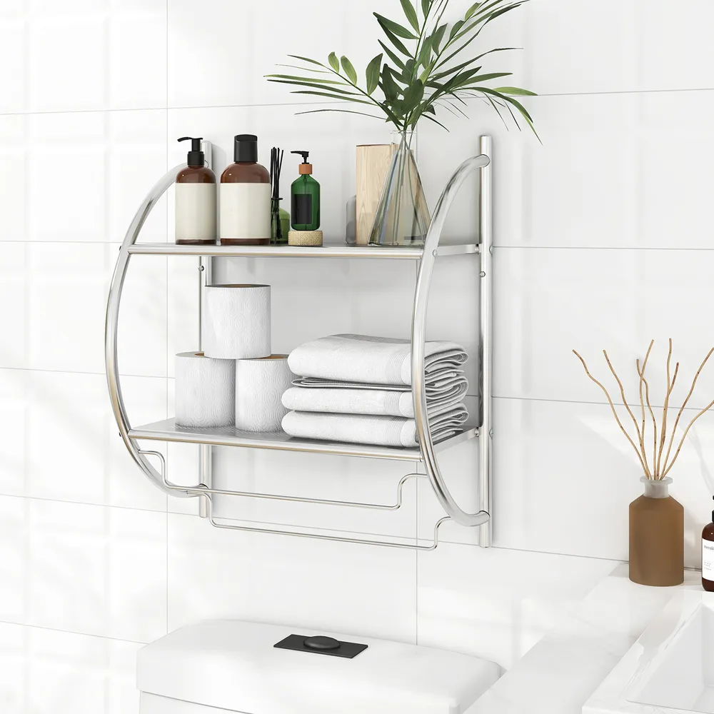 2 Shelf Wall Mounted Bathroom Unit with Towel Holder - Silver