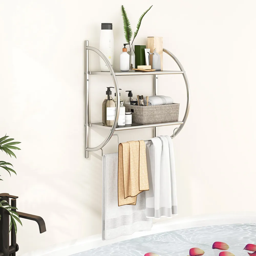 2 Shelf Wall Mounted Bathroom Unit with Towel Holder - Silver