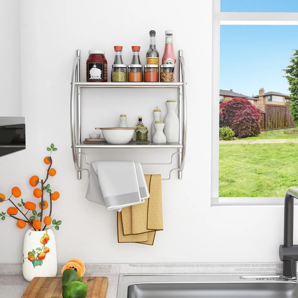 2 Shelf Wall Mounted Bathroom Unit with Towel Holder - Silver