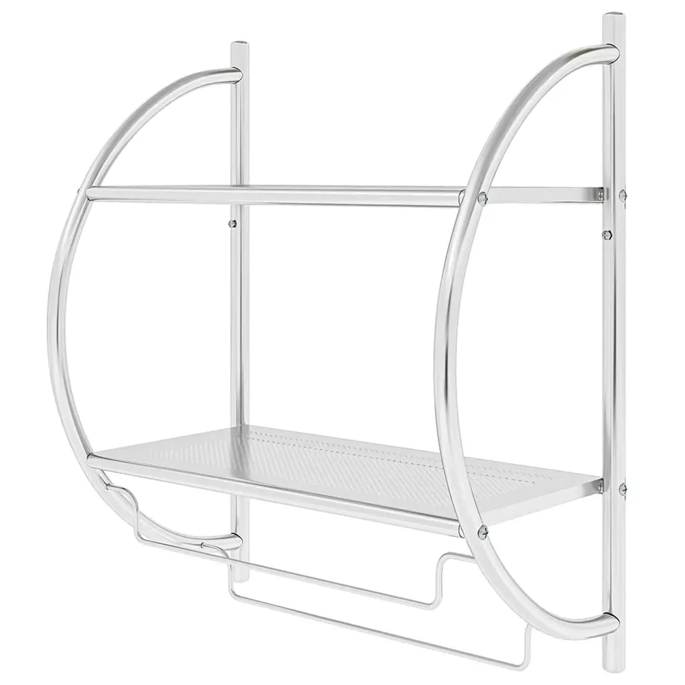2 Shelf Wall Mounted Bathroom Unit with Towel Holder - Silver image