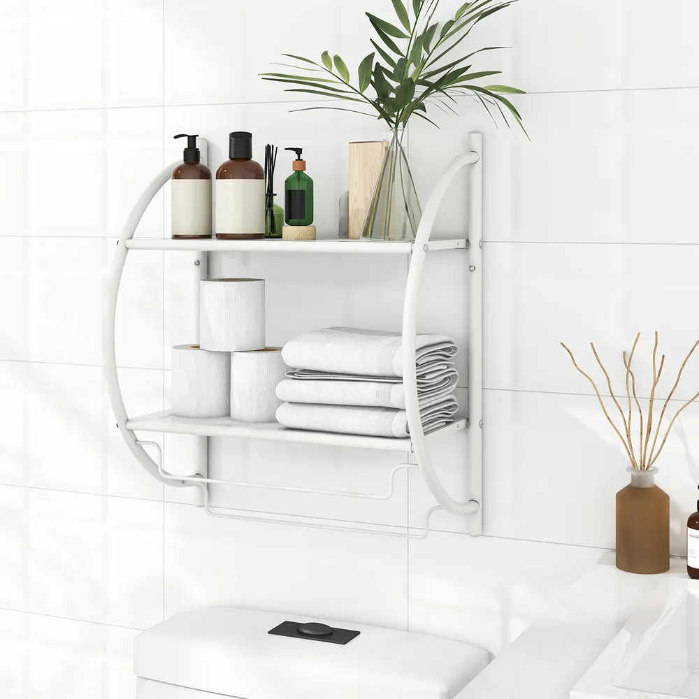 2 Shelf Wall Mounted Bathroom Unit with Towel Holder - White