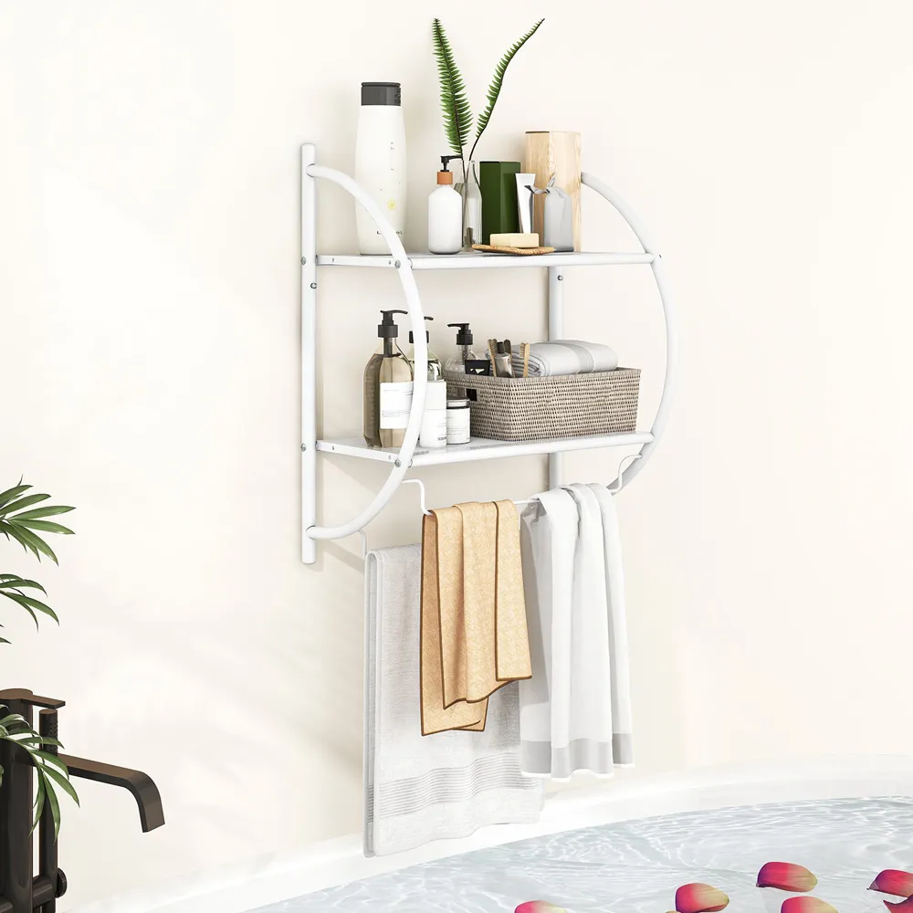 2 Shelf Wall Mounted Bathroom Unit with Towel Holder - White