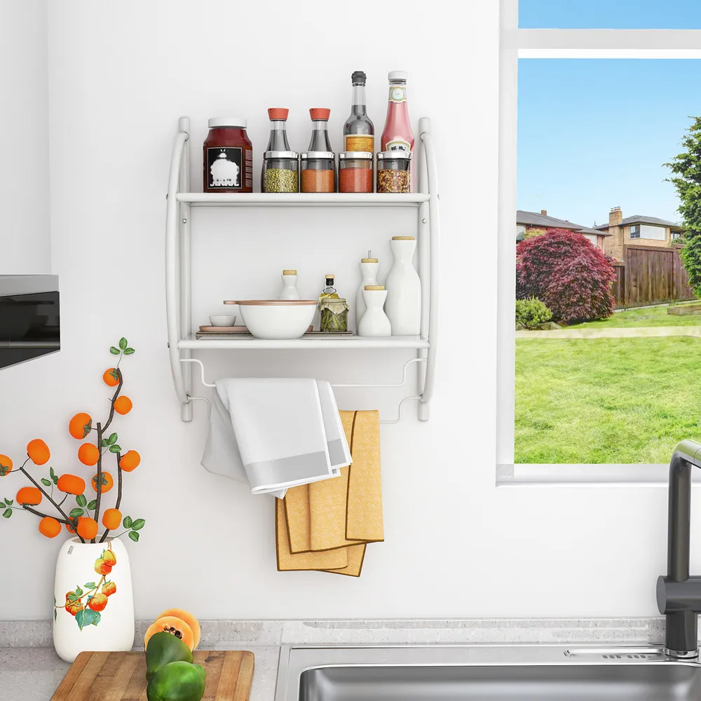 2 Shelf Wall Mounted Bathroom Unit with Towel Holder - White
