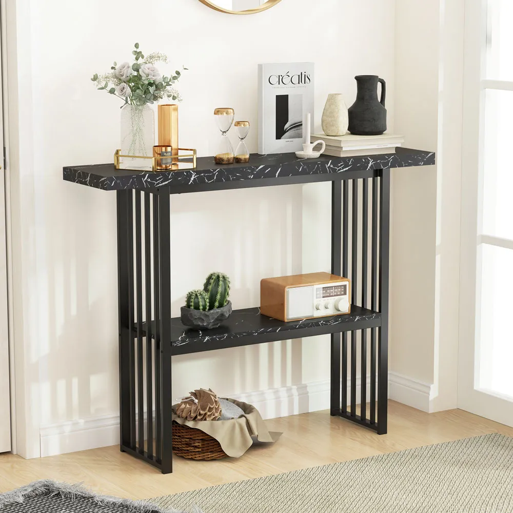 2-Tier Faux Marble Console Table - Black