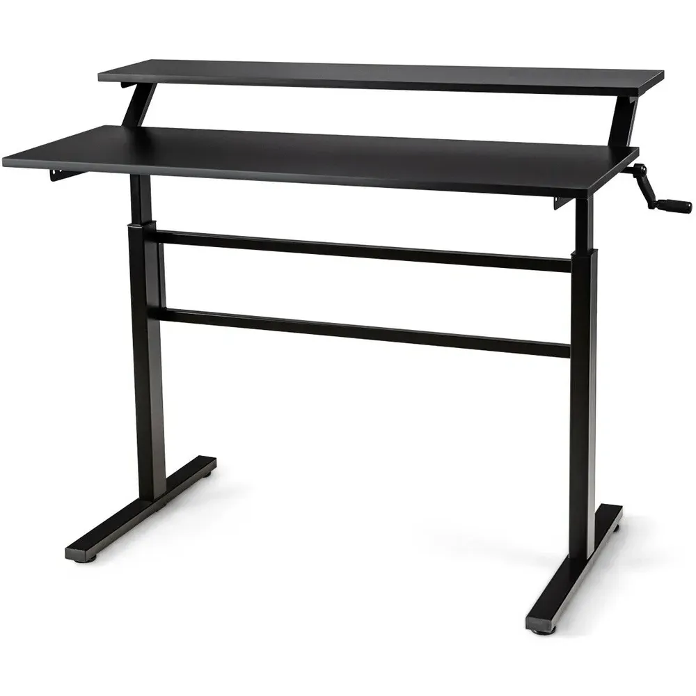2 Tier Height Adjustable Standing Desk with Crank - Black