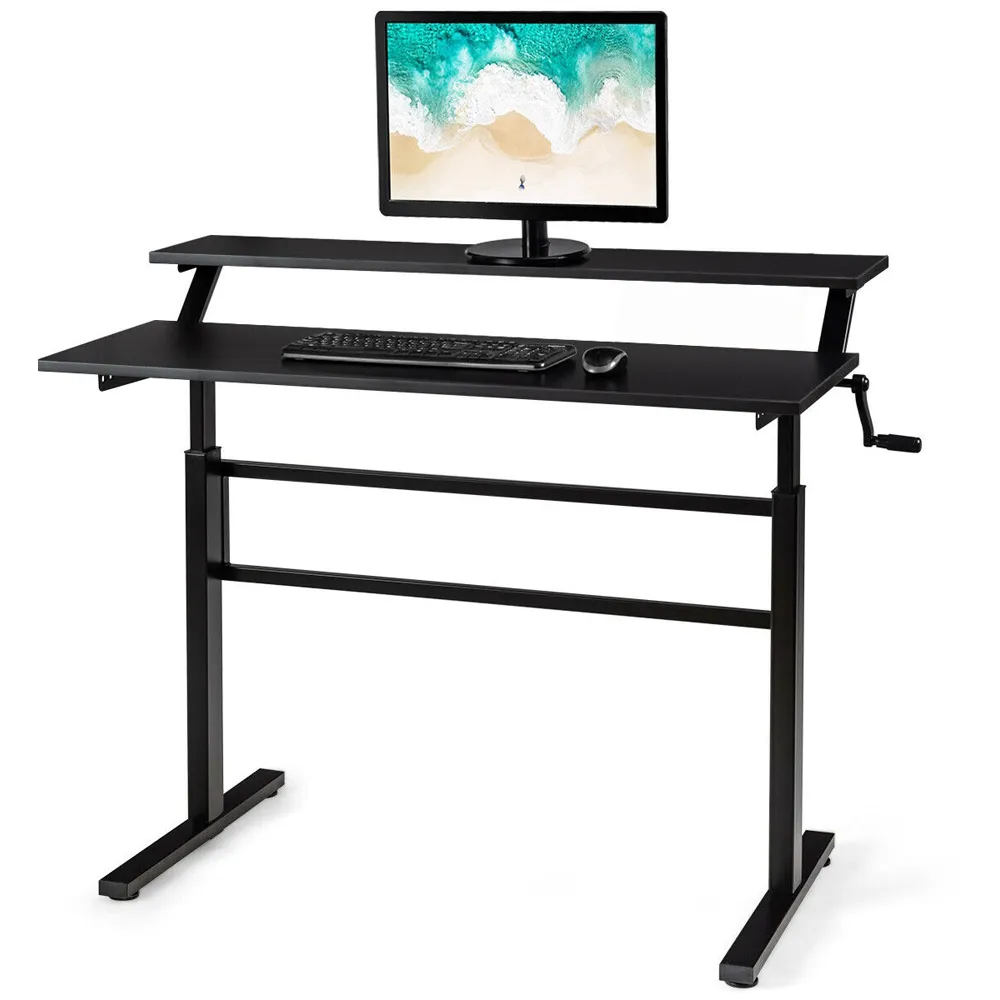 2 Tier Height Adjustable Standing Desk with Crank - Black