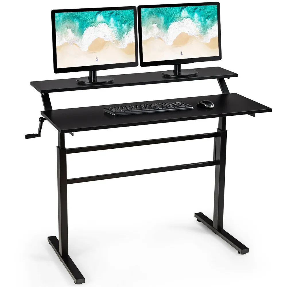2 Tier Height Adjustable Standing Desk with Crank - Black