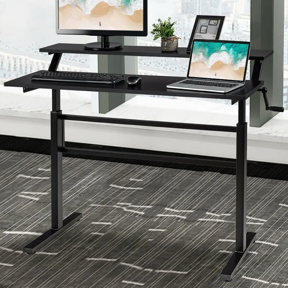 2 Tier Height Adjustable Standing Desk with Crank - Black