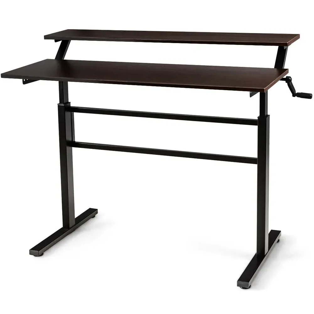 2 Tier Height Adjustable Standing Desk with Crank - Brown