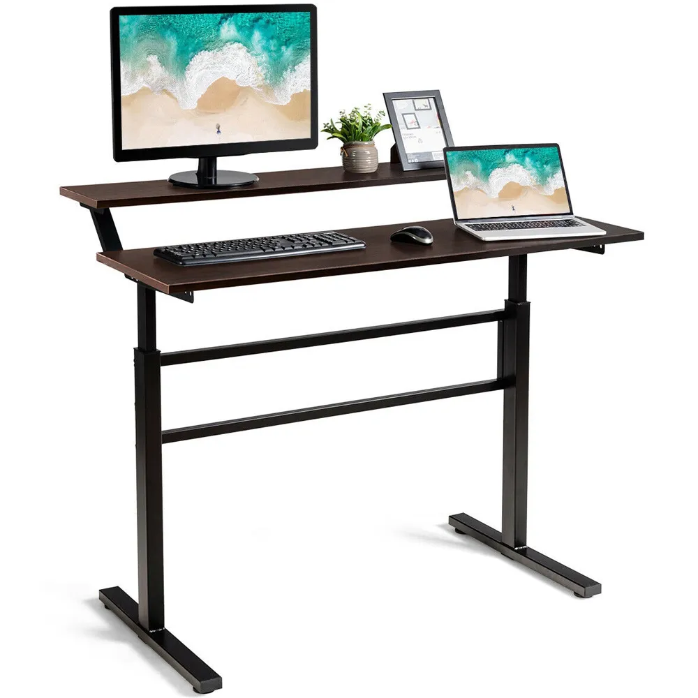 2 Tier Height Adjustable Standing Desk with Crank - Brown