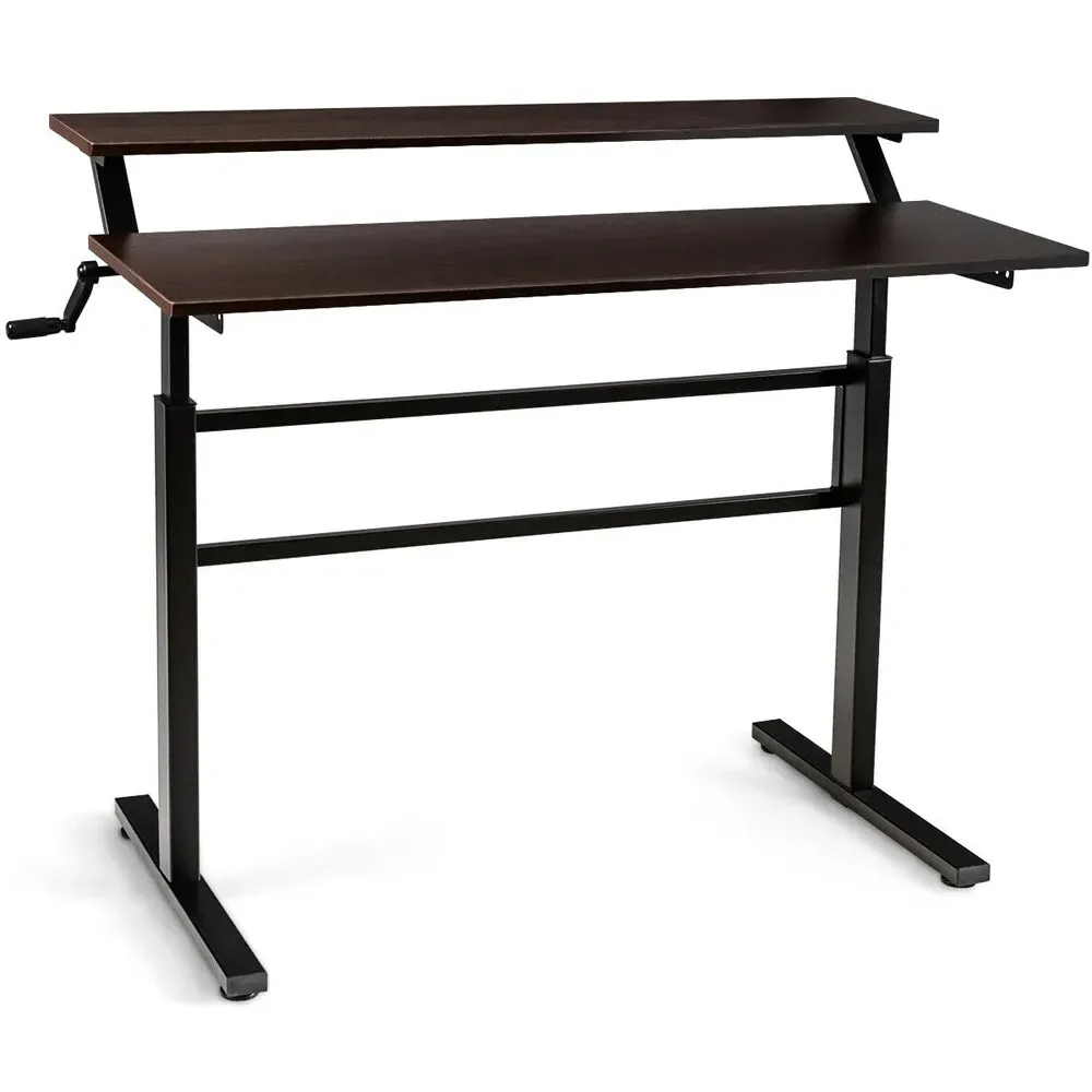 2 Tier Height Adjustable Standing Desk with Crank - Brown