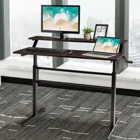 2 Tier Height Adjustable Standing Desk with Crank - Brown