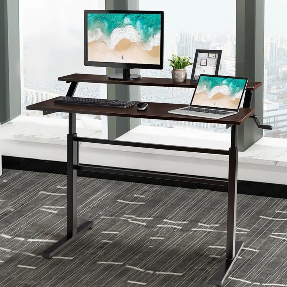 2 Tier Height Adjustable Standing Desk with Crank - Brown