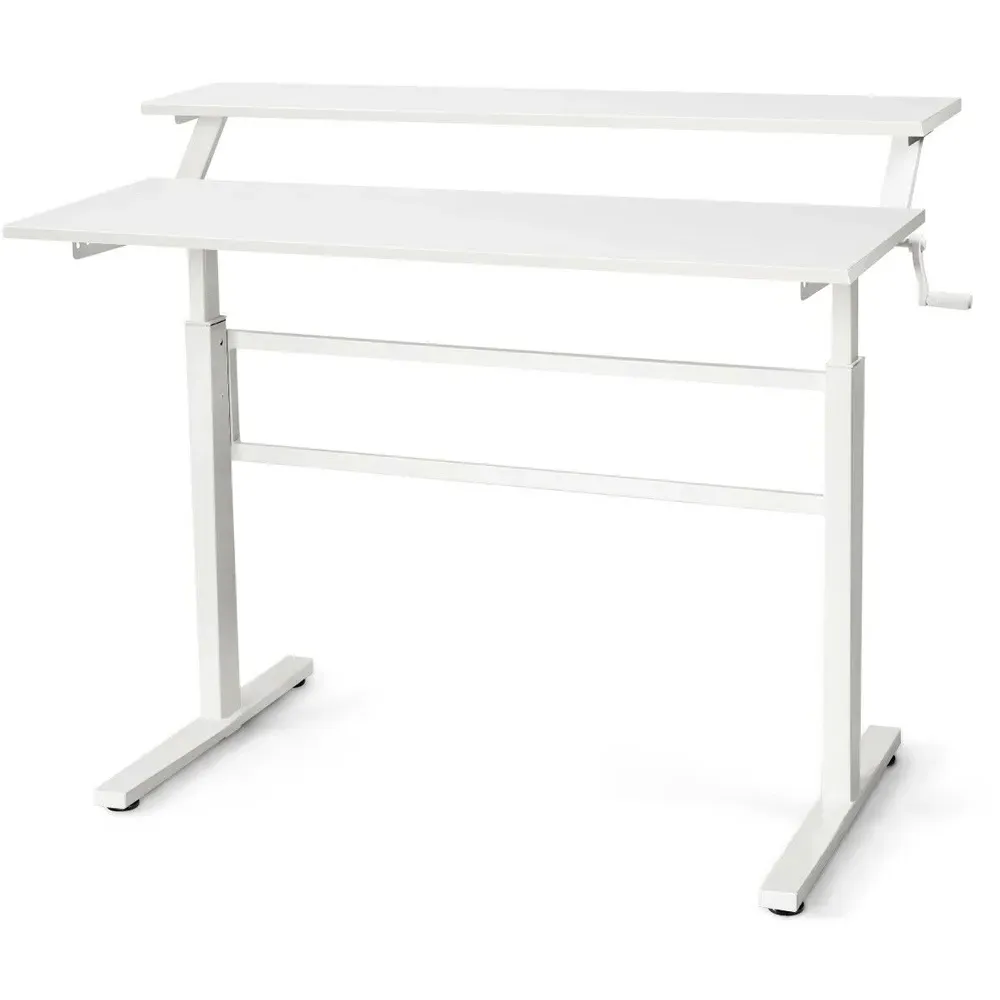 2 Tier Height Adjustable Standing Desk with Crank - White