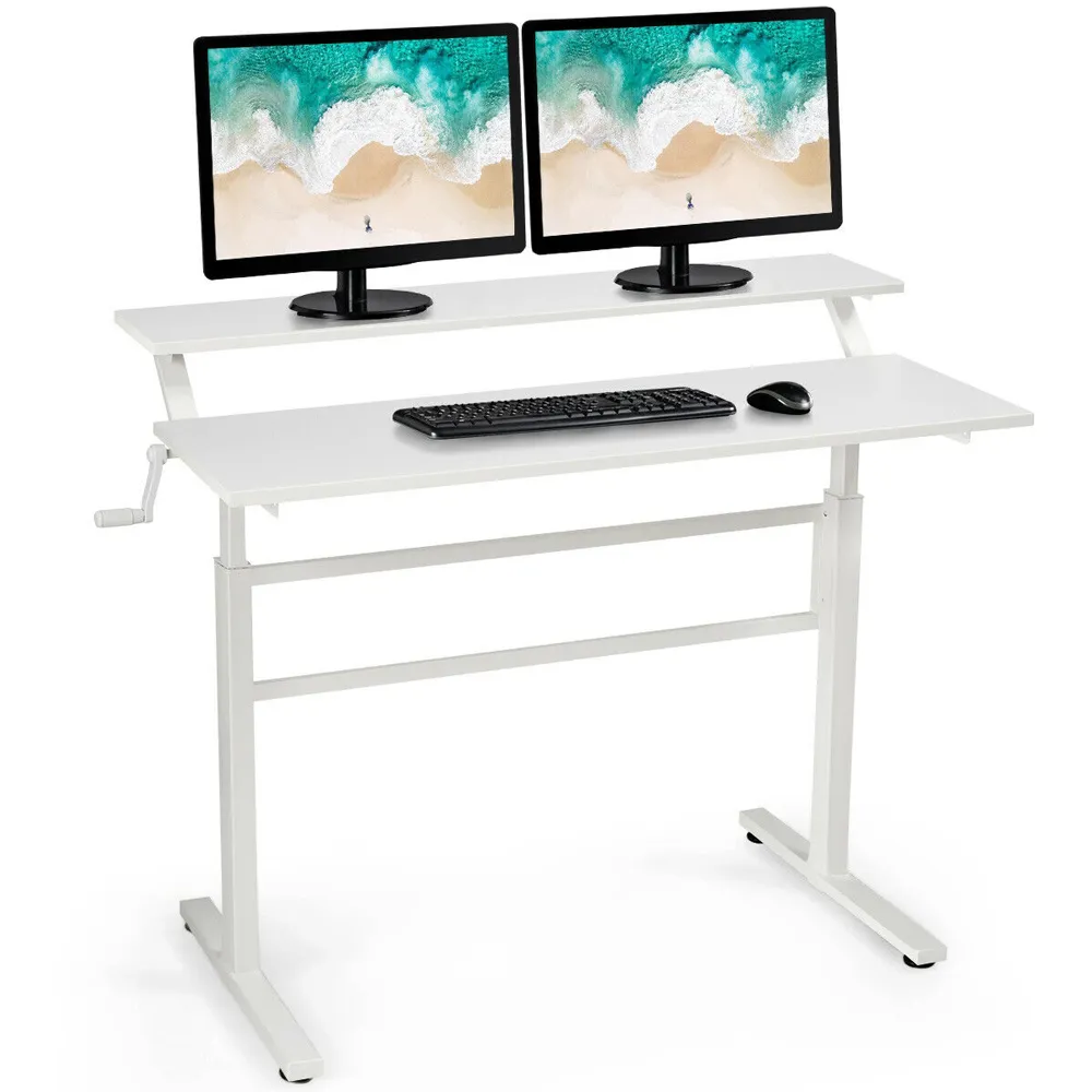 2 Tier Height Adjustable Standing Desk with Crank - White